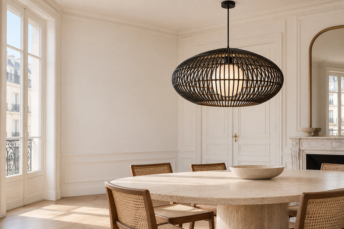Suspension rotin noir dans un intérieur lumineux, sous une lumière naturelle