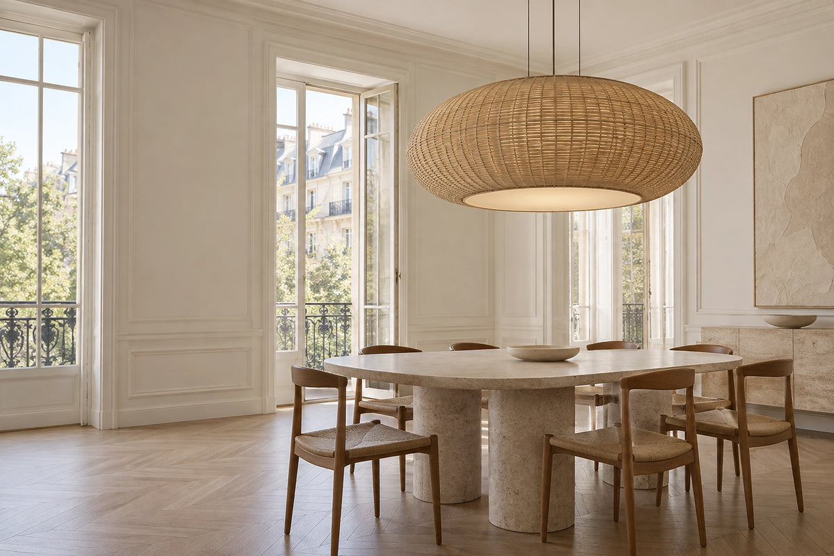 Suspension rotin XXL dans un intérieur lumineux, sous une lumière naturelle
