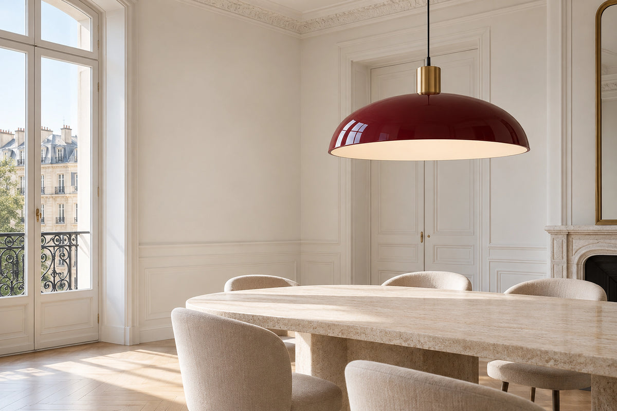 Suspension rouge dans un intérieur lumineux, sous une lumière naturelle