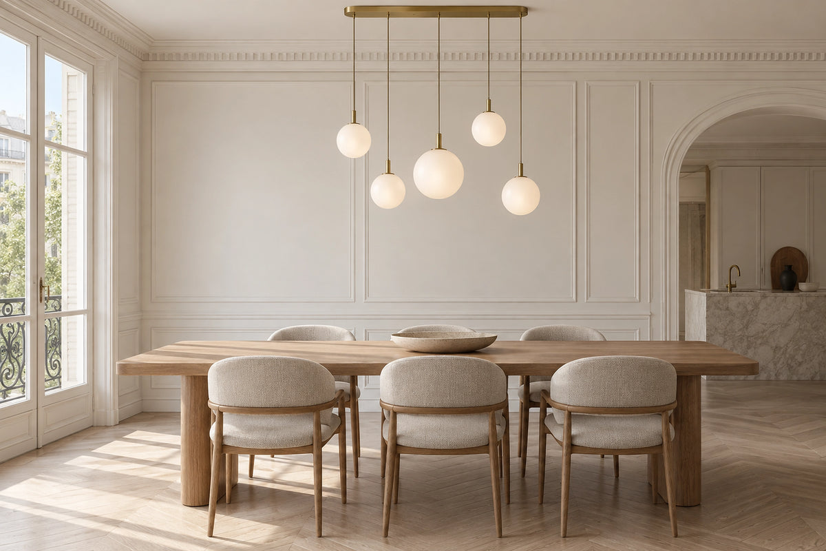 Suspension salle à manger dans une salle à manger lumineuse, sous une lumière naturelle