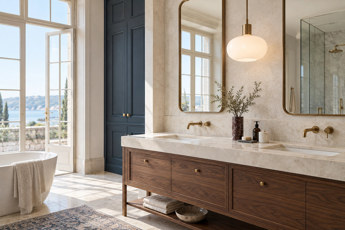 Suspension salle de bain en verre opalin au-dessus d’une vasque en noyer, éclairée par le jour