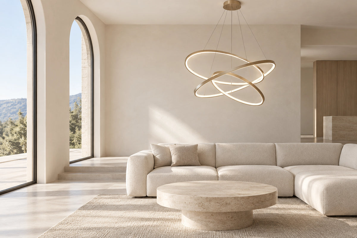 Suspension salon moderne dans un salon lumineux, sous une lumière naturelle