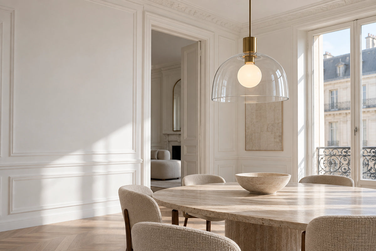 Suspension verre transparent dans un intérieur lumineux, sous une lumière naturelle