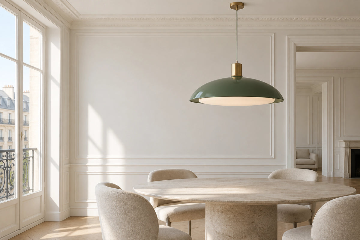 Suspension verte dans un intérieur lumineux, sous une lumière naturelle