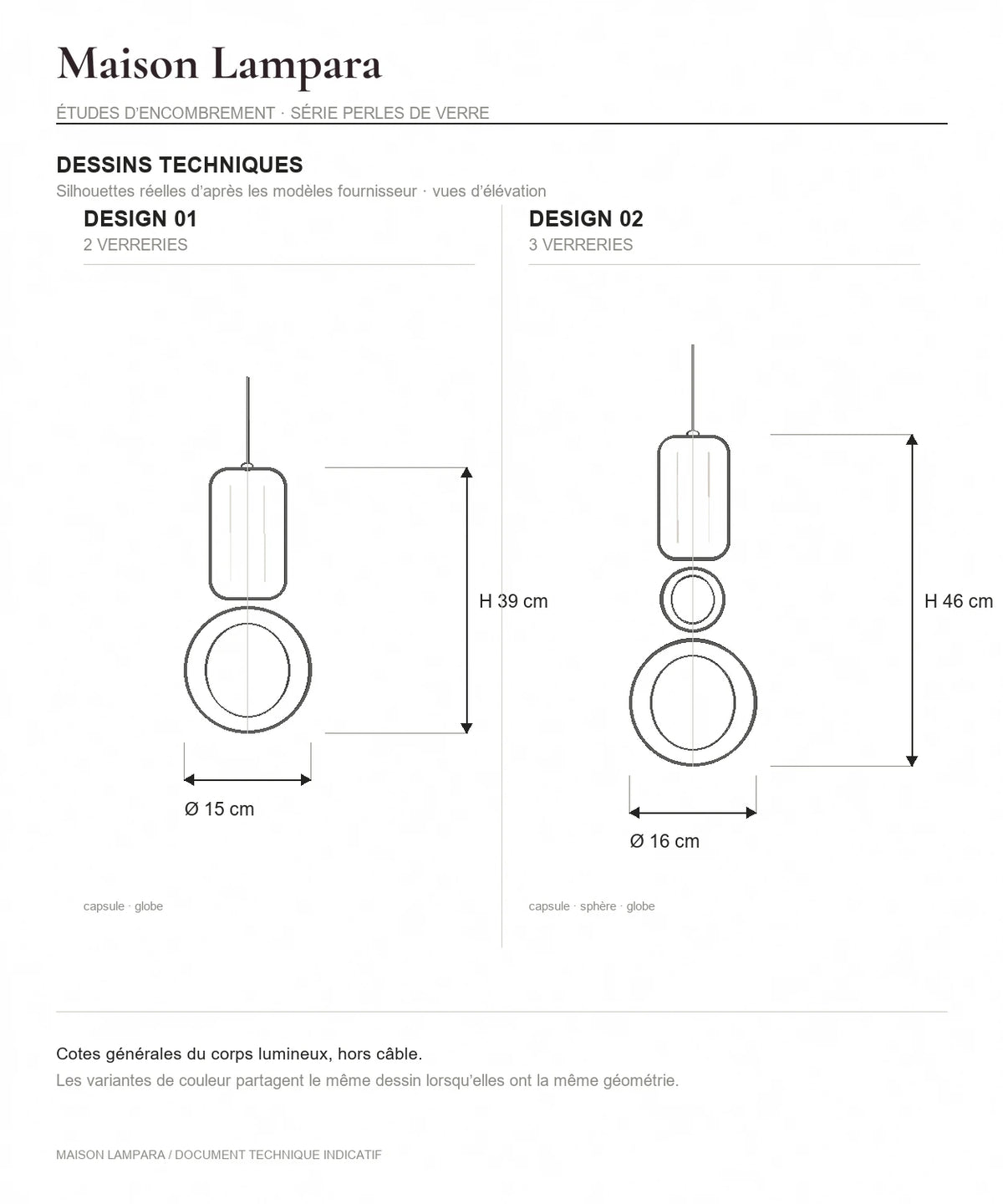 Planche technique sur fond blanc des designs 1 et 2 de la suspension