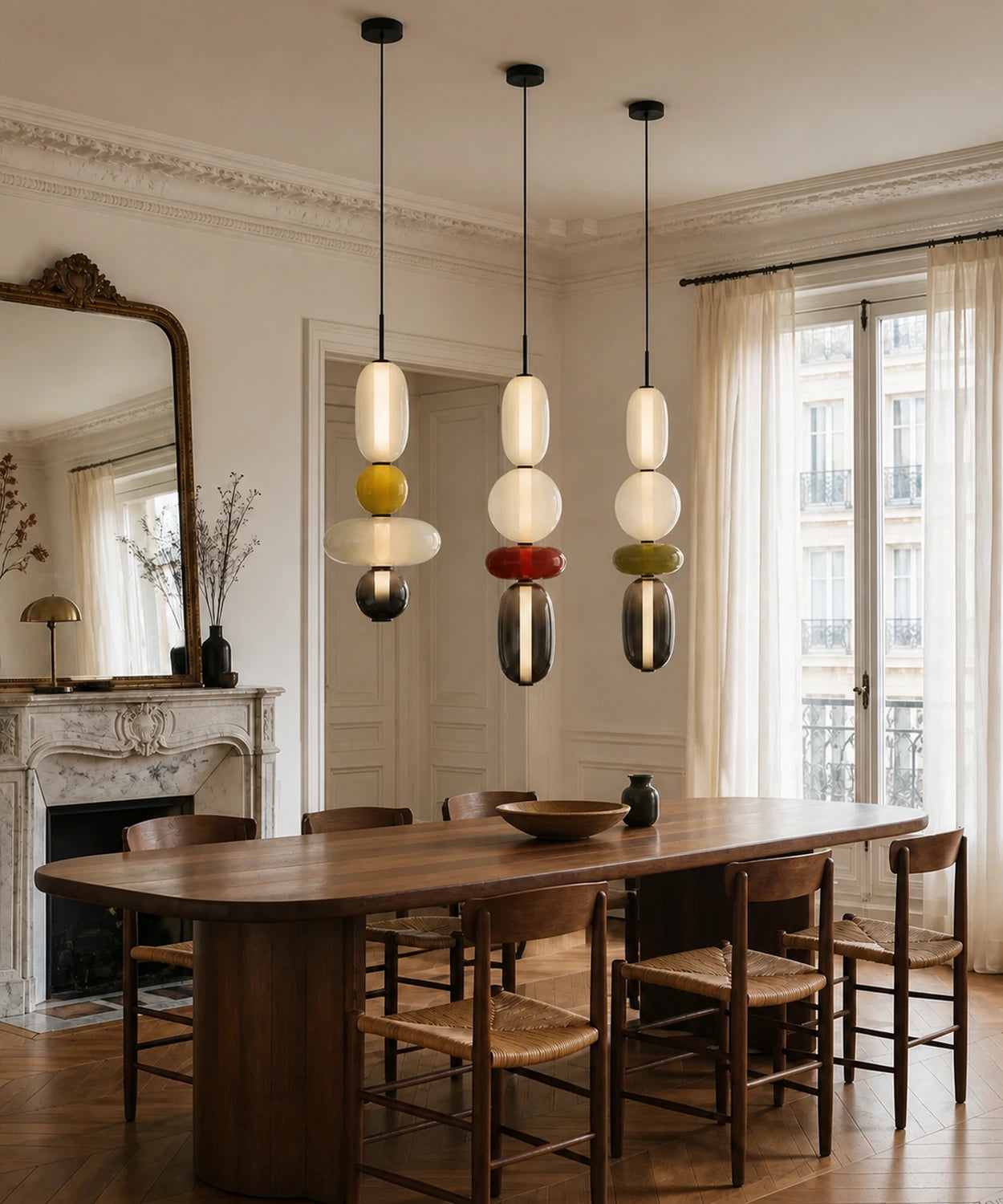 Trois suspensions en verre allumées au-dessus d’une table à manger nette