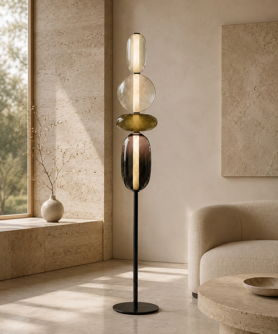 Lampadaire à boules de verre empilées