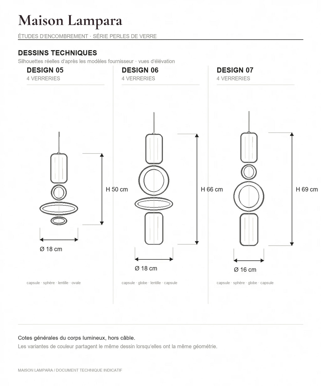 Planche technique sur fond blanc des designs 5, 6 et 7 de la suspension