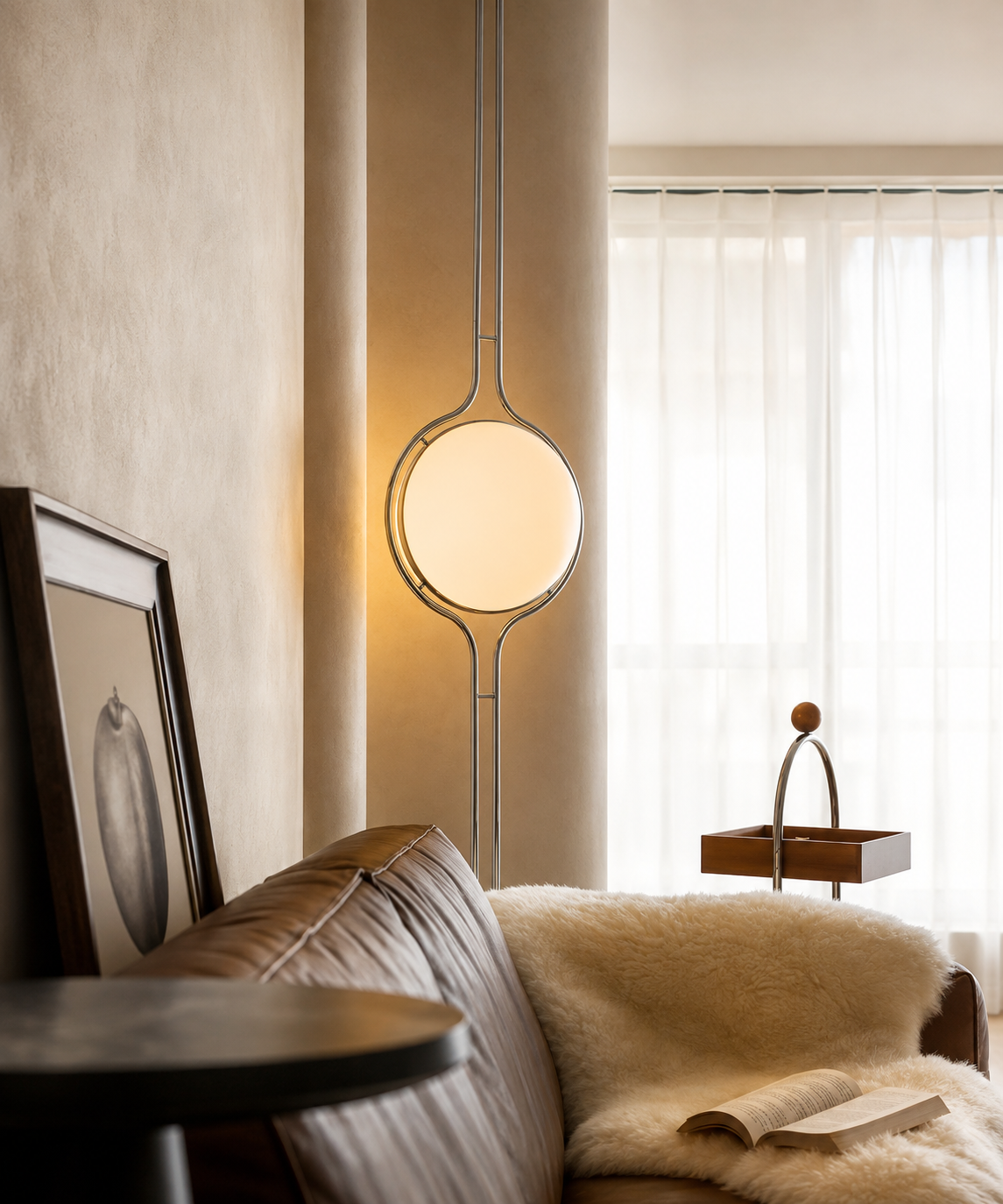 Lampadaire sol-plafond à boule opaline