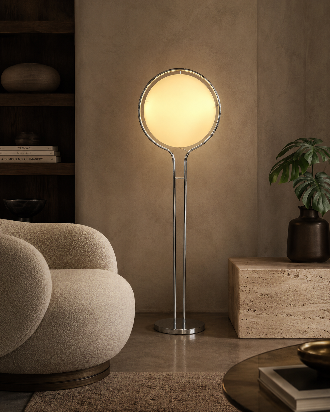 Lampadaire à boule opaline sur pied chromé