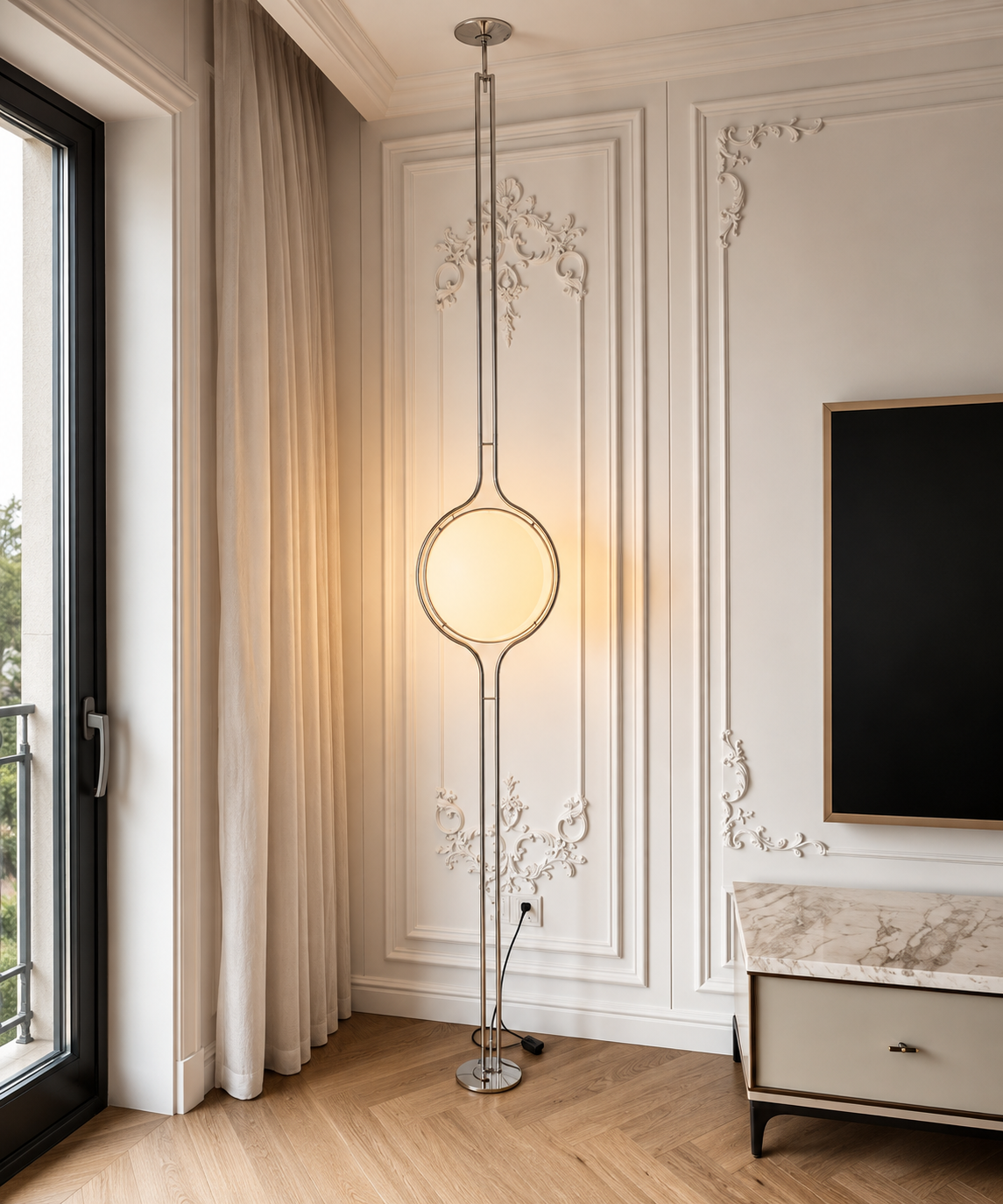 Lampadaire sol-plafond à boule opaline