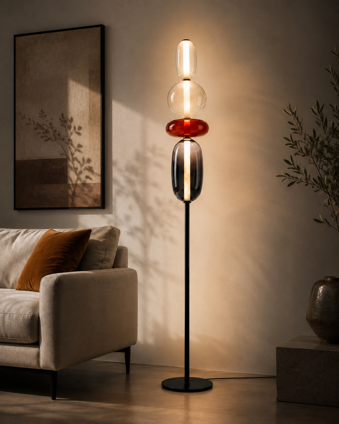 Lampadaire à boules de verre empilées