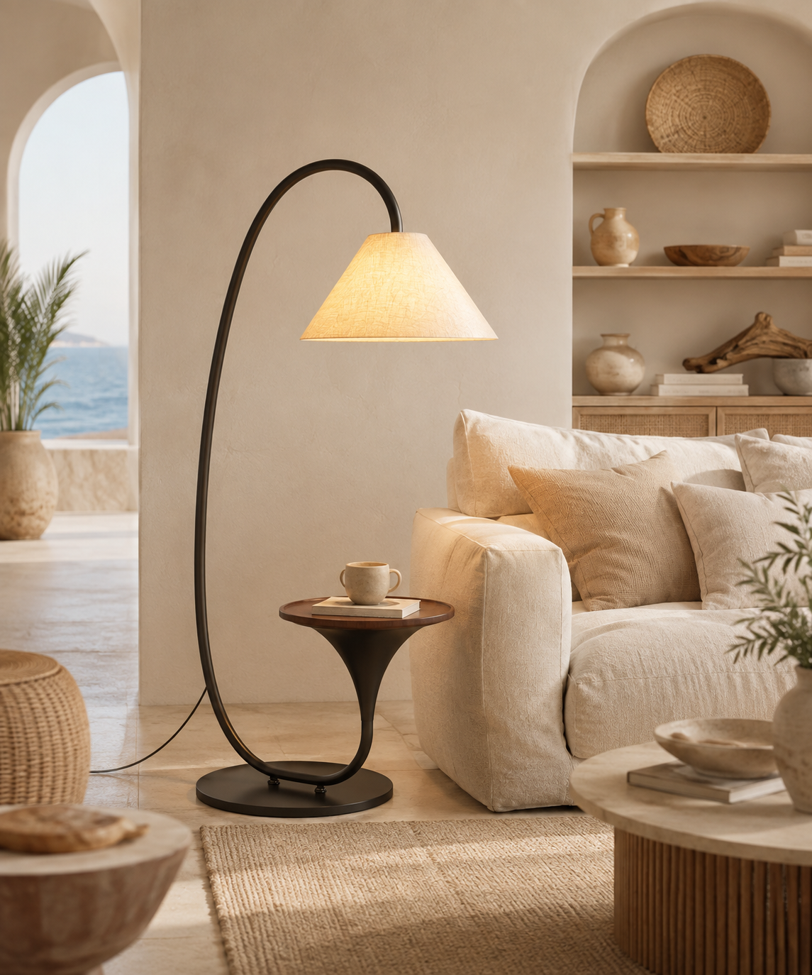 Lampadaire arc avec tablette intégrée
