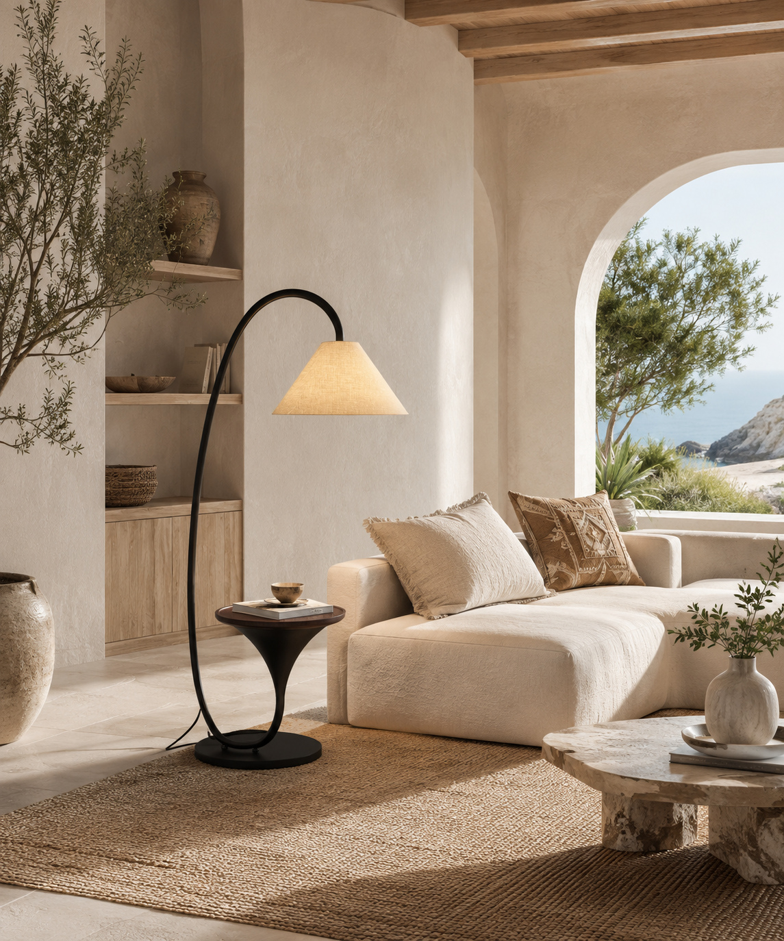 Lampadaire arc avec tablette intégrée