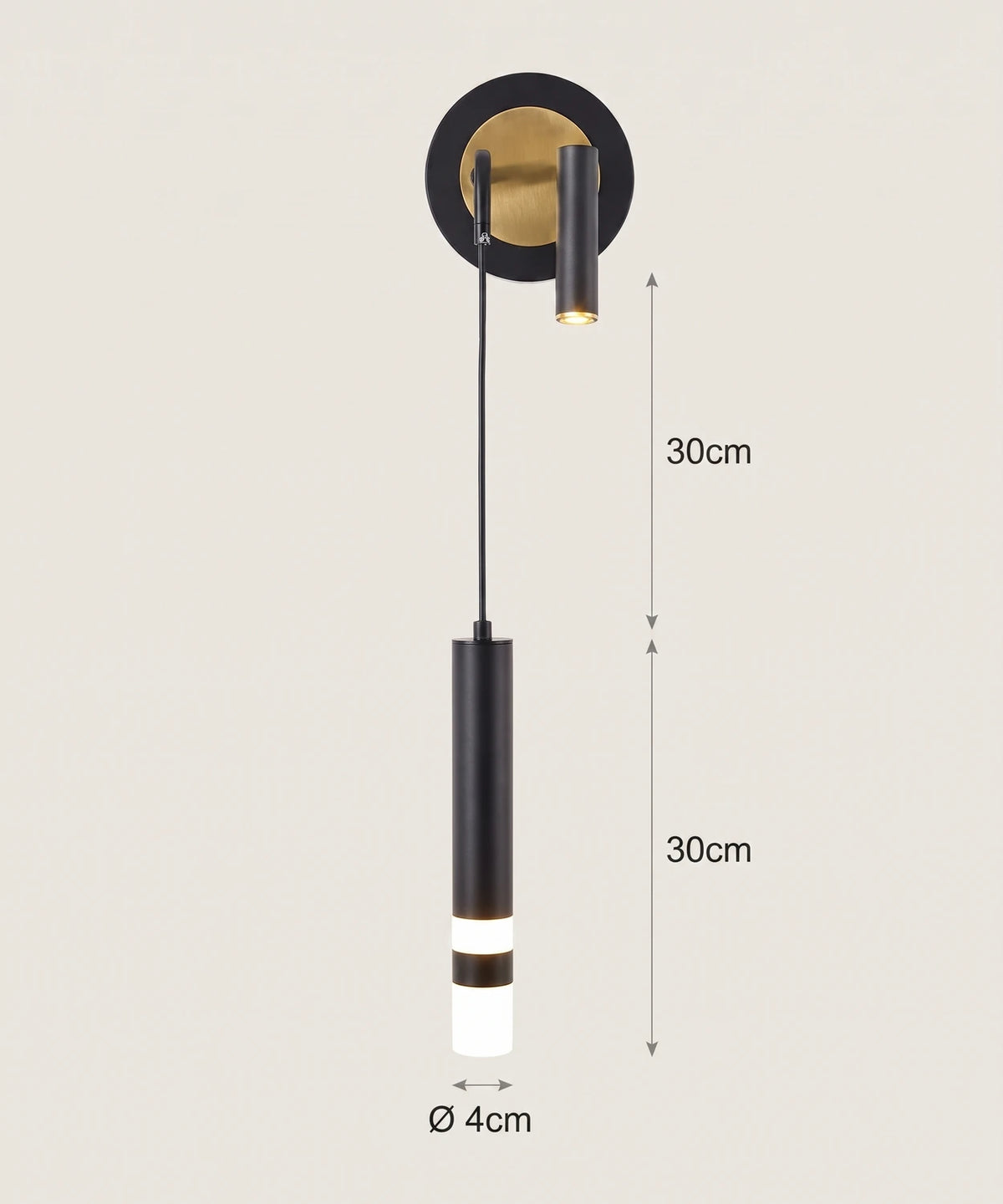 Planche cotée : câble 30 cm, tube 30 cm, Ø 4 cm