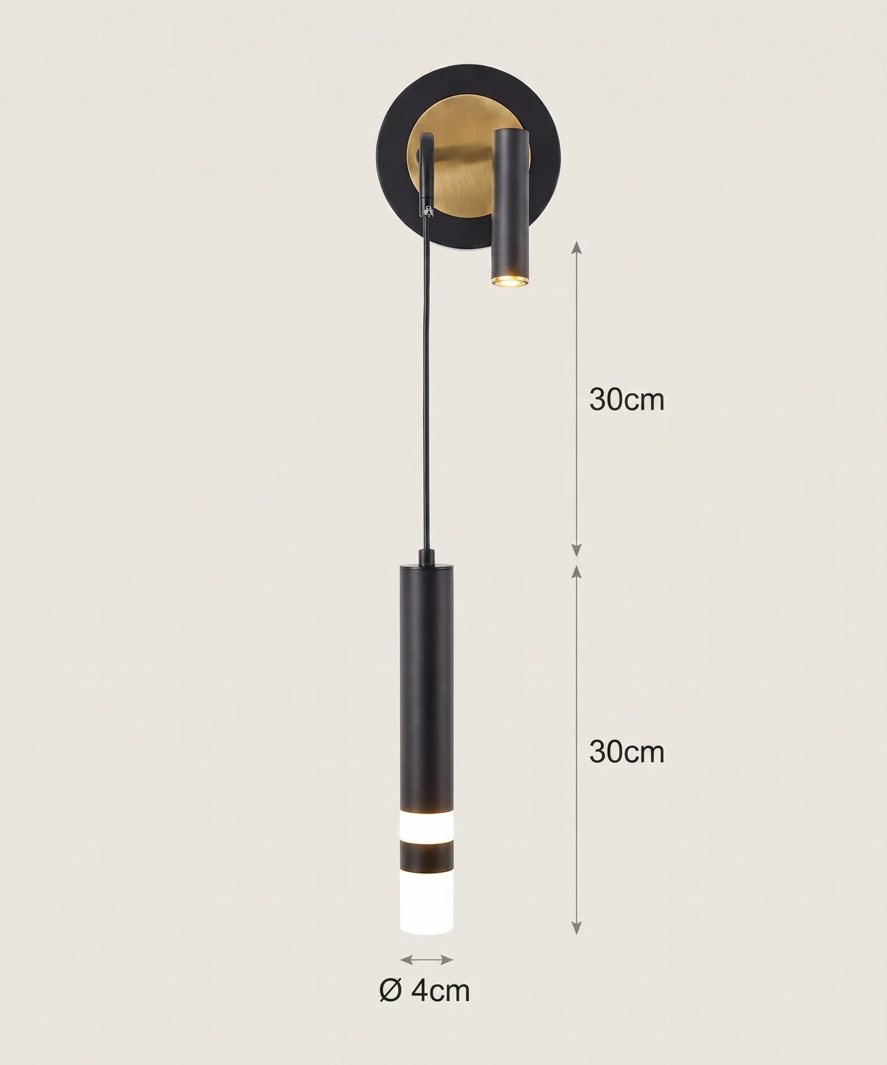 Planche cotée : câble 30 cm, tube 30 cm, Ø 4 cm