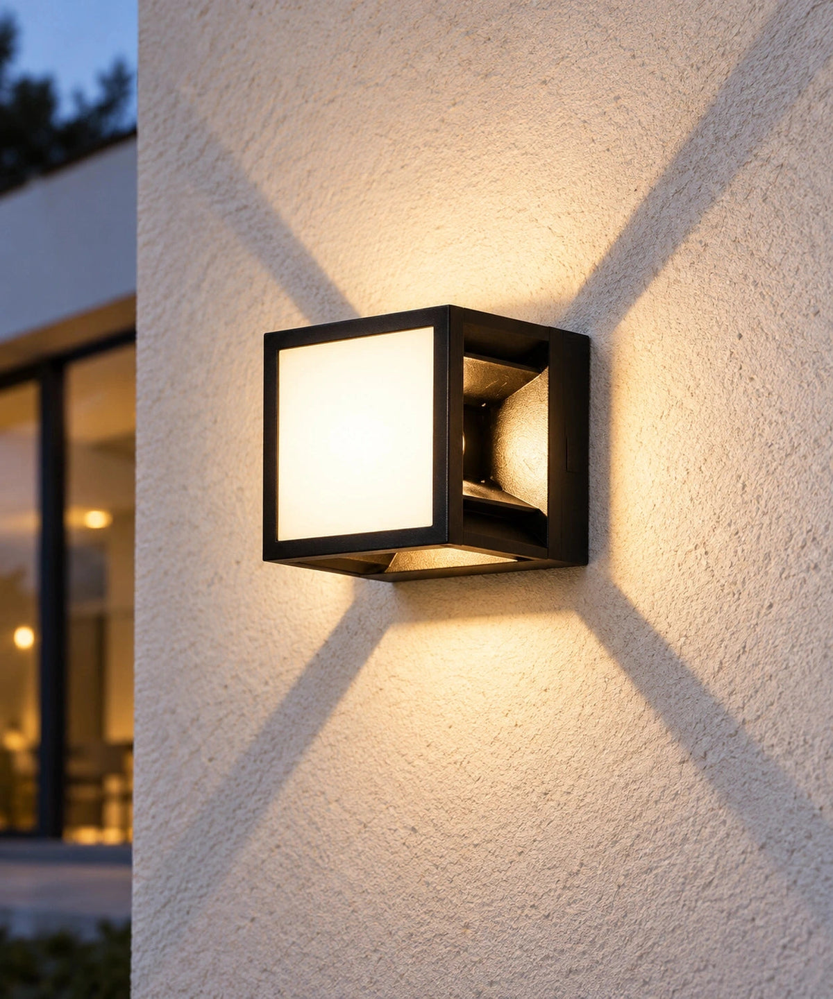 Applique extérieure noire projetant des diagonales lumineuses sur un mur clair