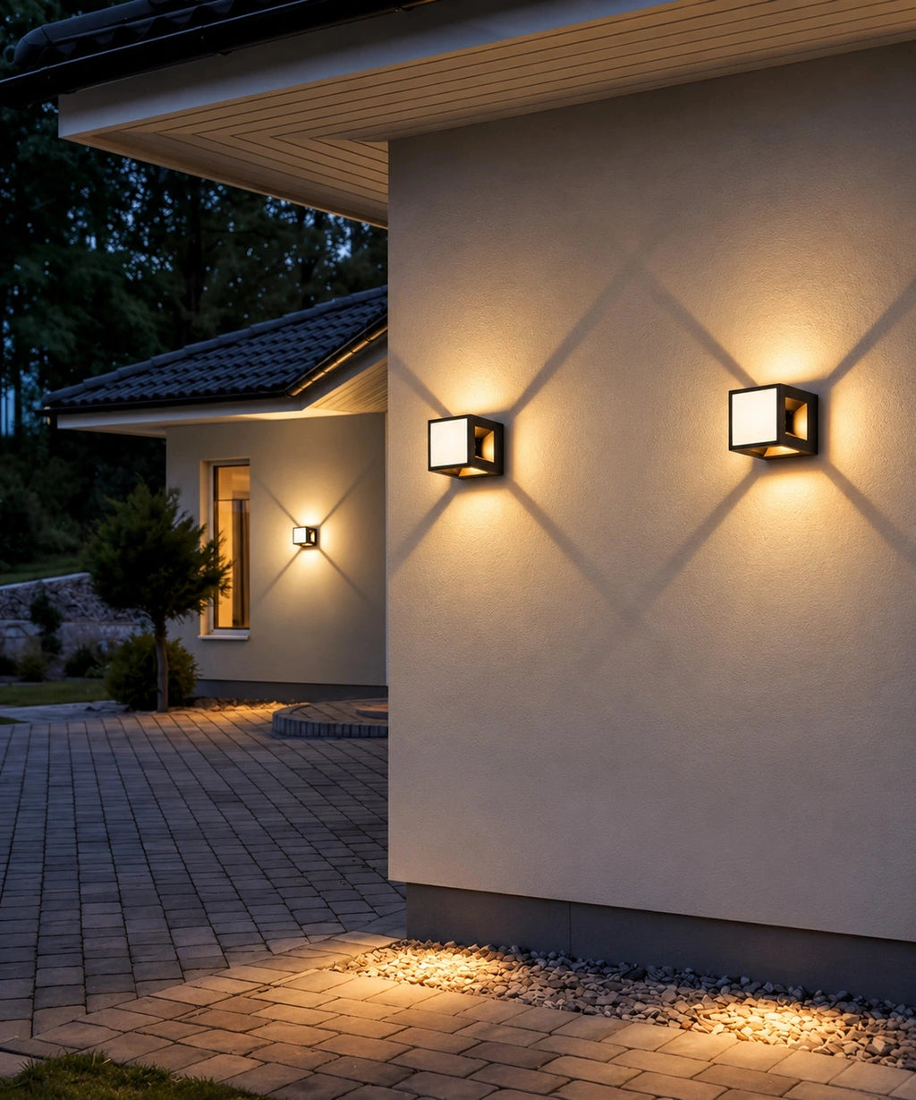 Plusieurs appliques extérieures à effet lumineux en X disposées sur une façade