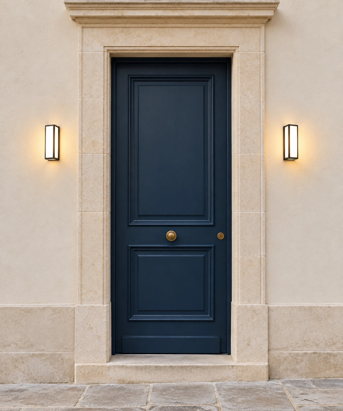 Deux lanternes murales noires éclairent les côtés d’une porte d’entrée bleue