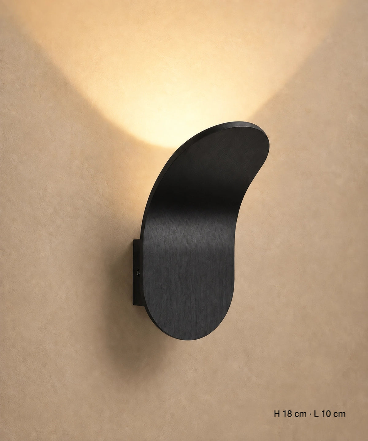 Applique murale feuille en aluminium noir, halo de lumière chaude au-dessus