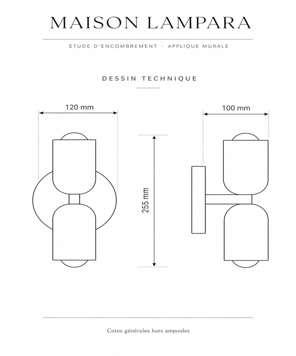 Schéma coté de l'applique murale double avec ses dimensions