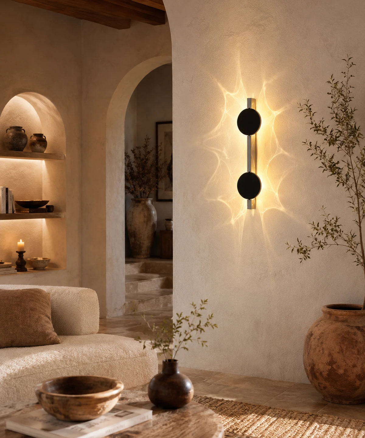 Applique murale effet de lumière allumée dans un salon aux arches et niches enduites
