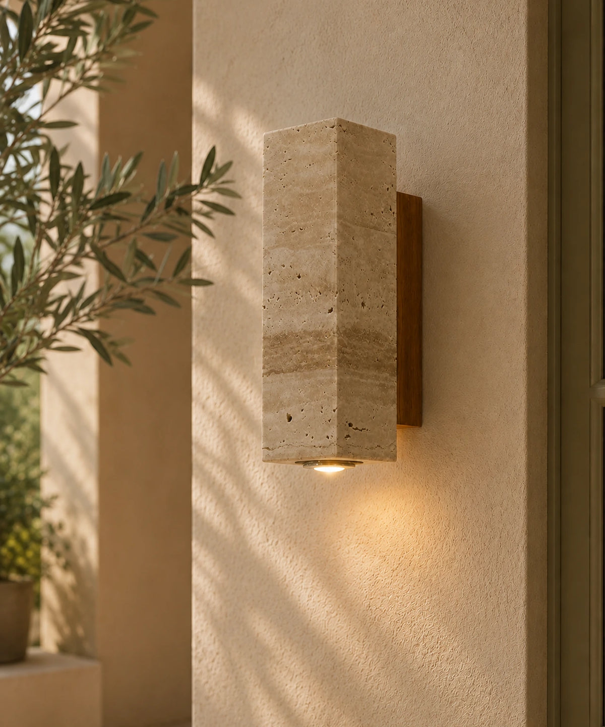 Applique murale en travertin à section carrée allumée dans une entrée, olivier au premier plan