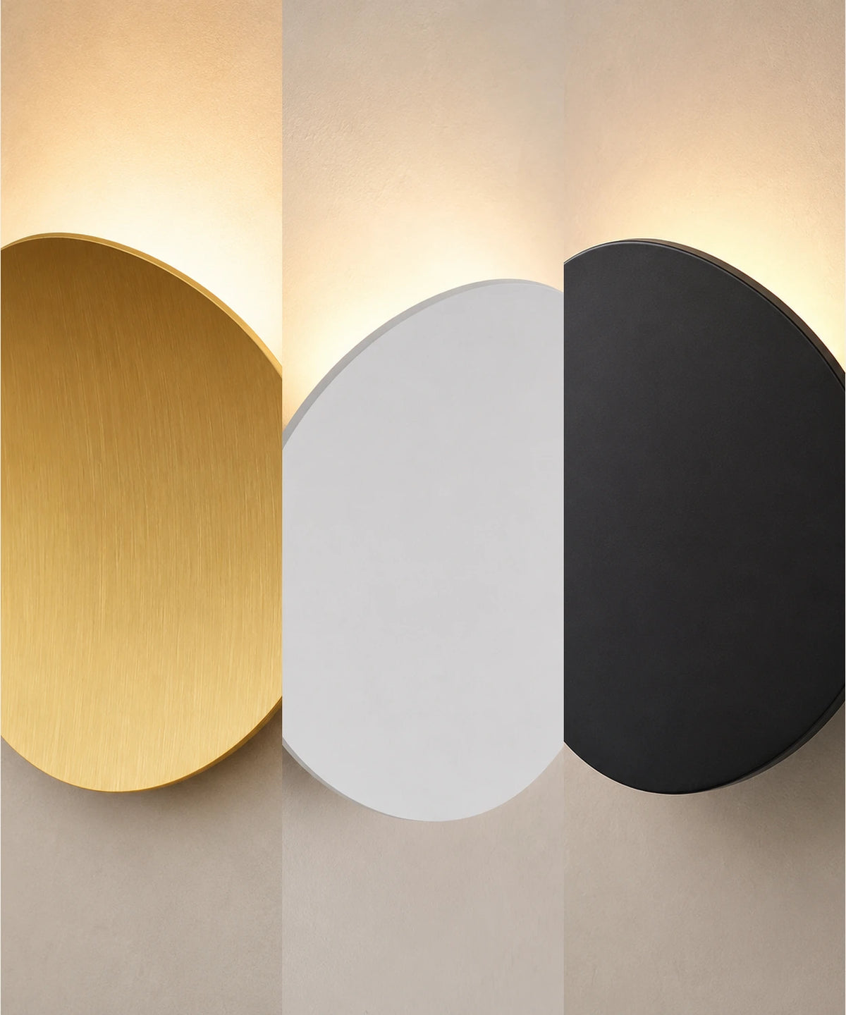 Les trois finitions de l’applique galet côte à côte : or brossé, blanc sable, noir sable