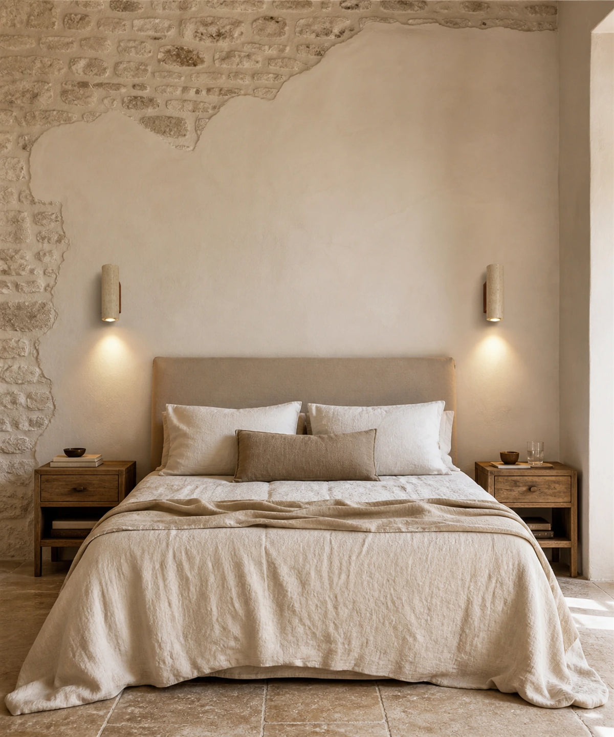 Applique murale en pierre naturelle, en paire de part et d'autre d'une tête de lit Image
