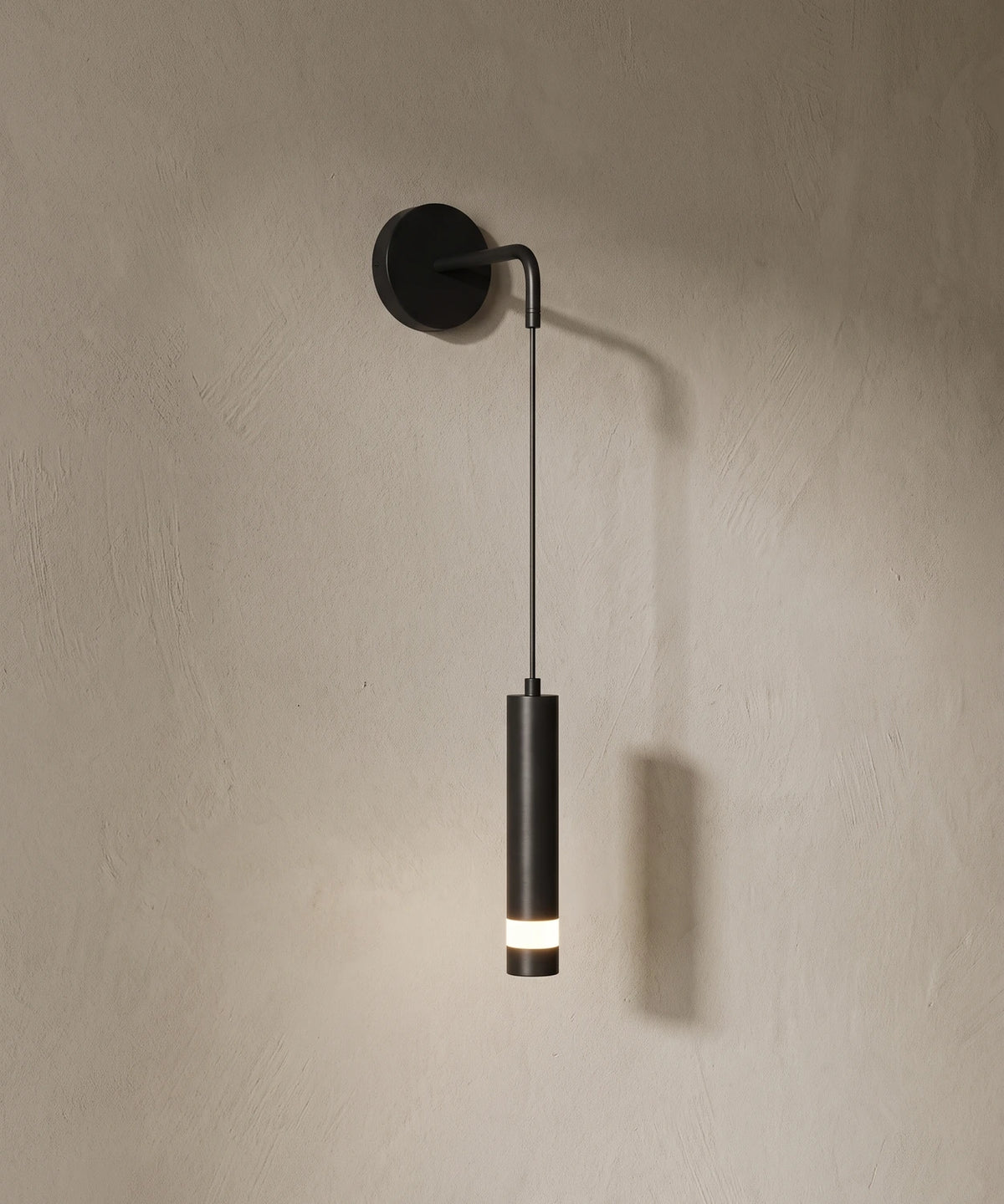 Applique murale tube suspendu noire, cylindre LED au bout d'un câble fin