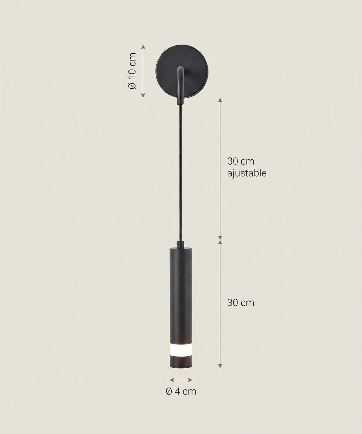 Planche cotée : rosace 10 cm, câble 30 cm ajustable, tube 30 cm