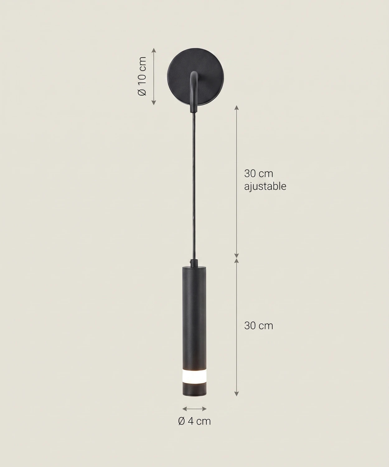 Planche cotée : rosace 10 cm, câble 30 cm ajustable, tube 30 cm
