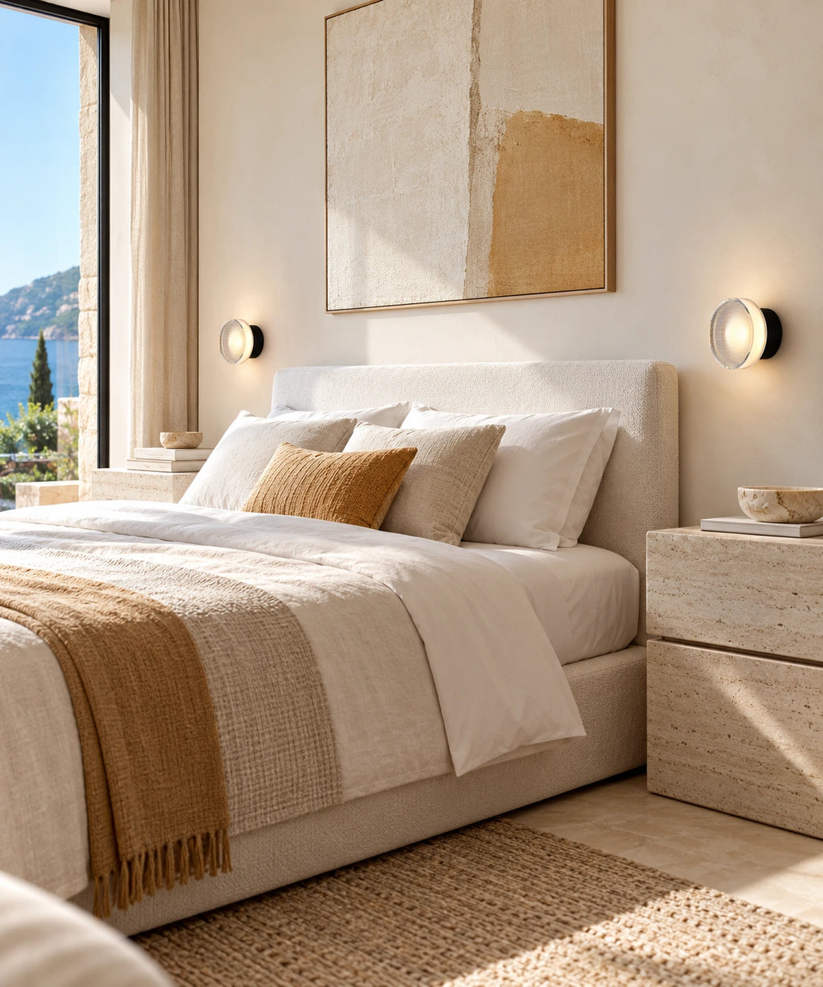 Deux petites appliques noires à diffuseur strié installées de part et d’autre d’un lit clair.