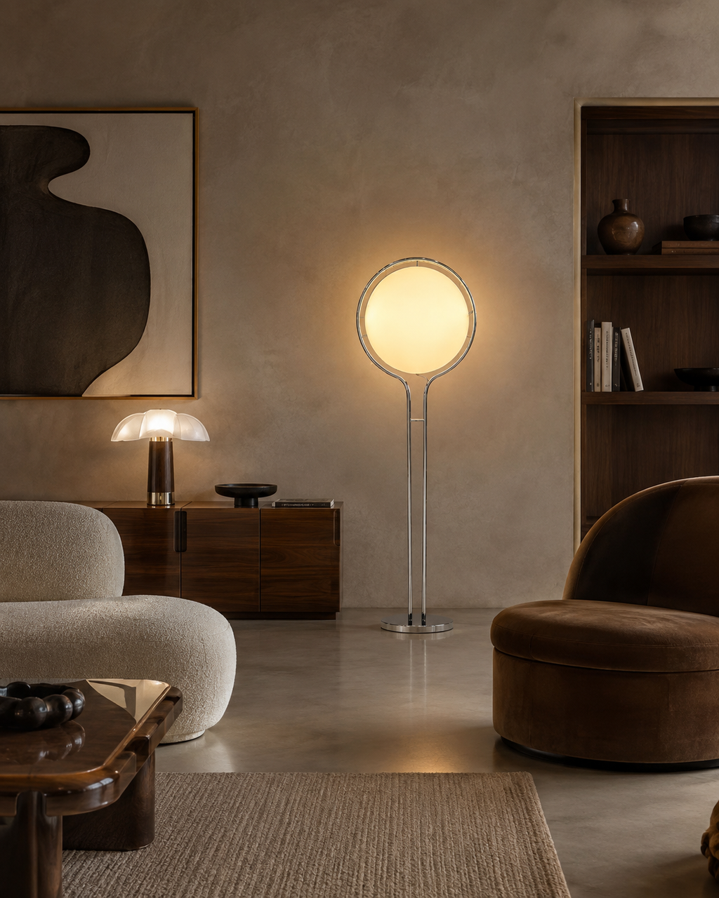 Lampadaire à boule opaline sur pied chromé