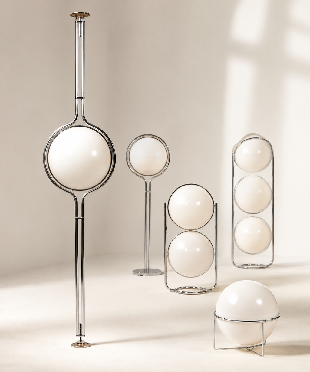 Lampadaire à boule opaline sur pied chromé