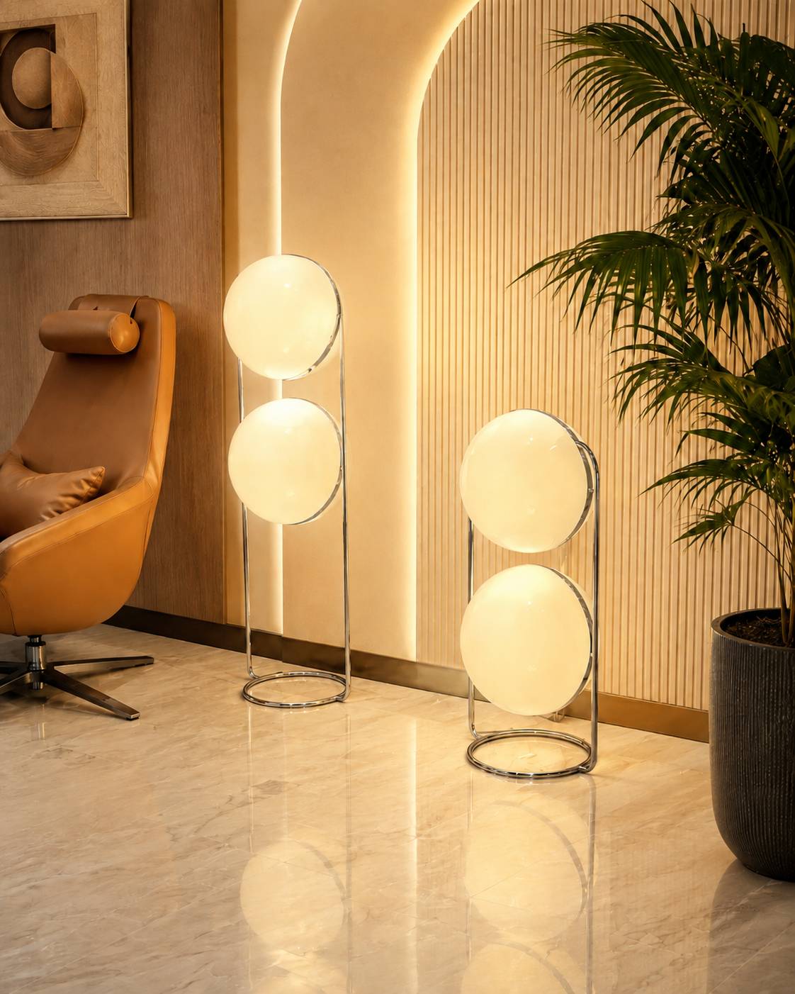 Lampadaire à deux boules opalines sur arceau