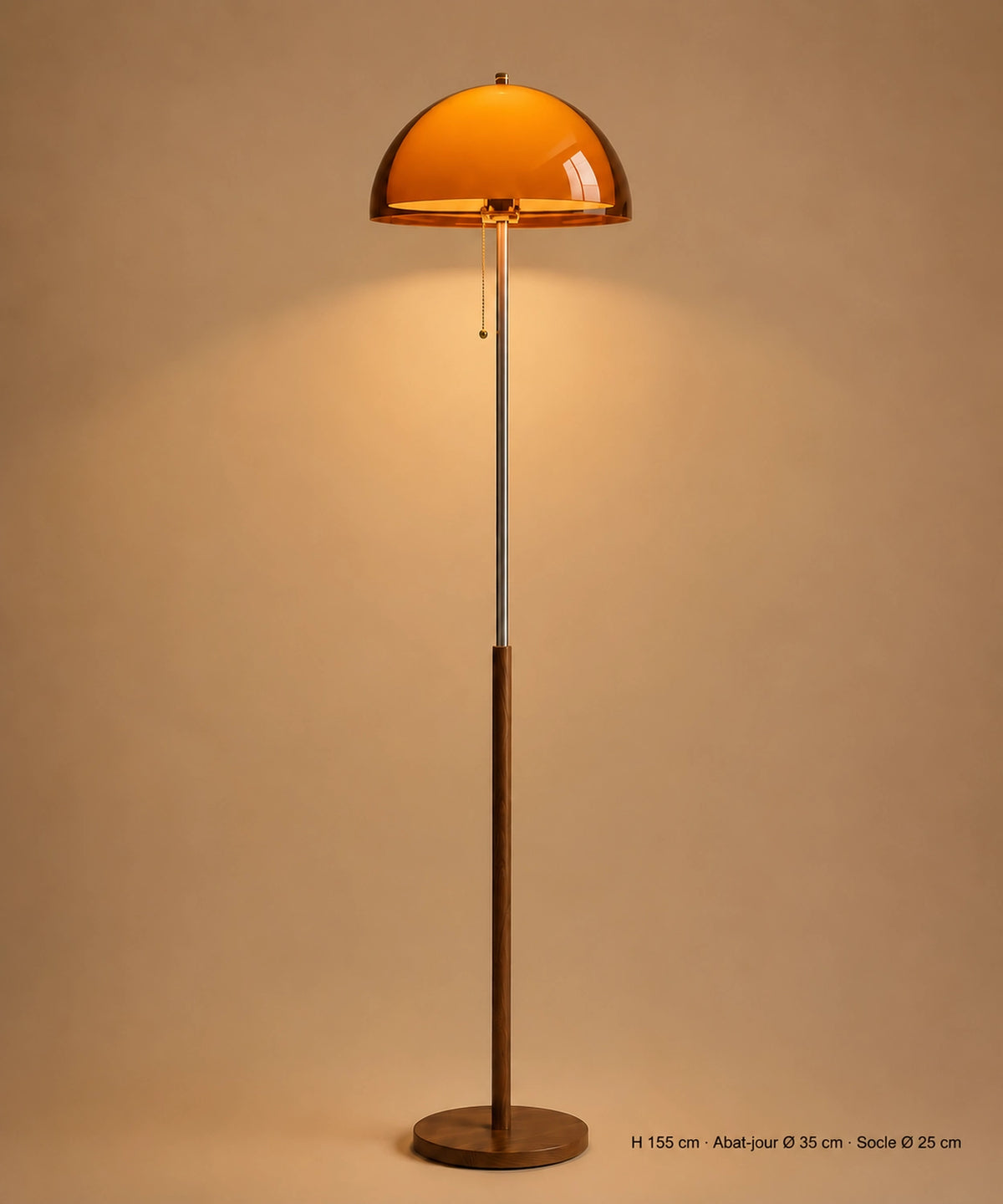 Lampadaire champignon vintage, dôme d’acrylique ambré, tige chromée et socle finition bois