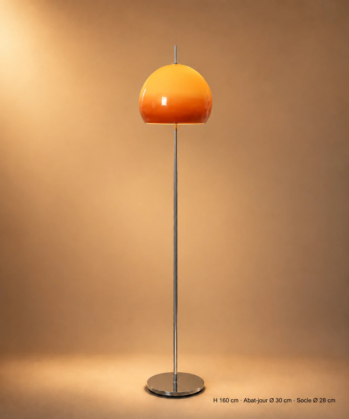 Lampadaire champignon chrome, dôme de verre dégradé orange sur tige et socle chromés