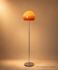 Lampadaire champignon chrome, dôme de verre dégradé orange sur tige et socle chromés