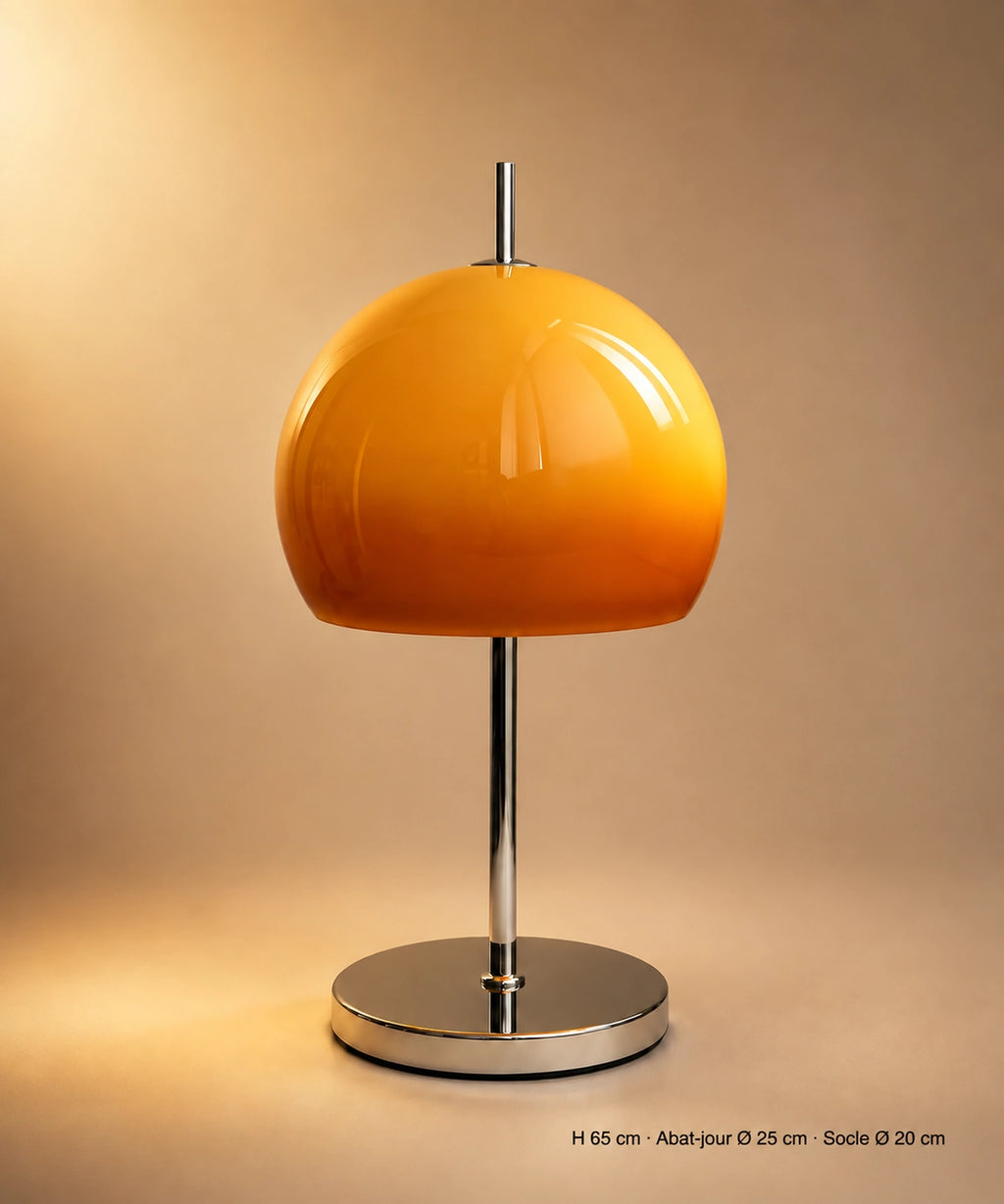 Lampe champignon orange vintage, dôme de verre dégradé orange sur pied et socle chromés