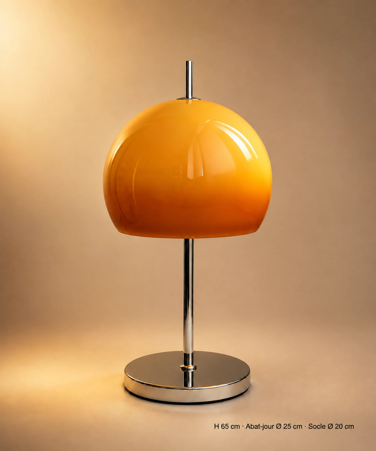 Lampe champignon orange vintage, dôme de verre dégradé orange sur pied et socle chromés