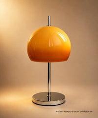 Lampe champignon orange vintage, dôme de verre dégradé orange sur pied et socle chromés