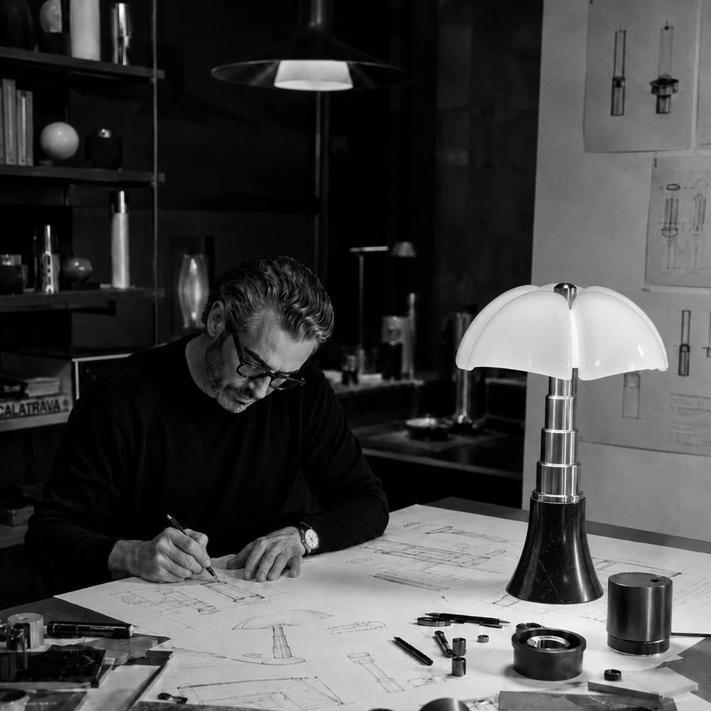 Designer traçant le plan d’un luminaire à sa table de travail, lampe à poser allumée