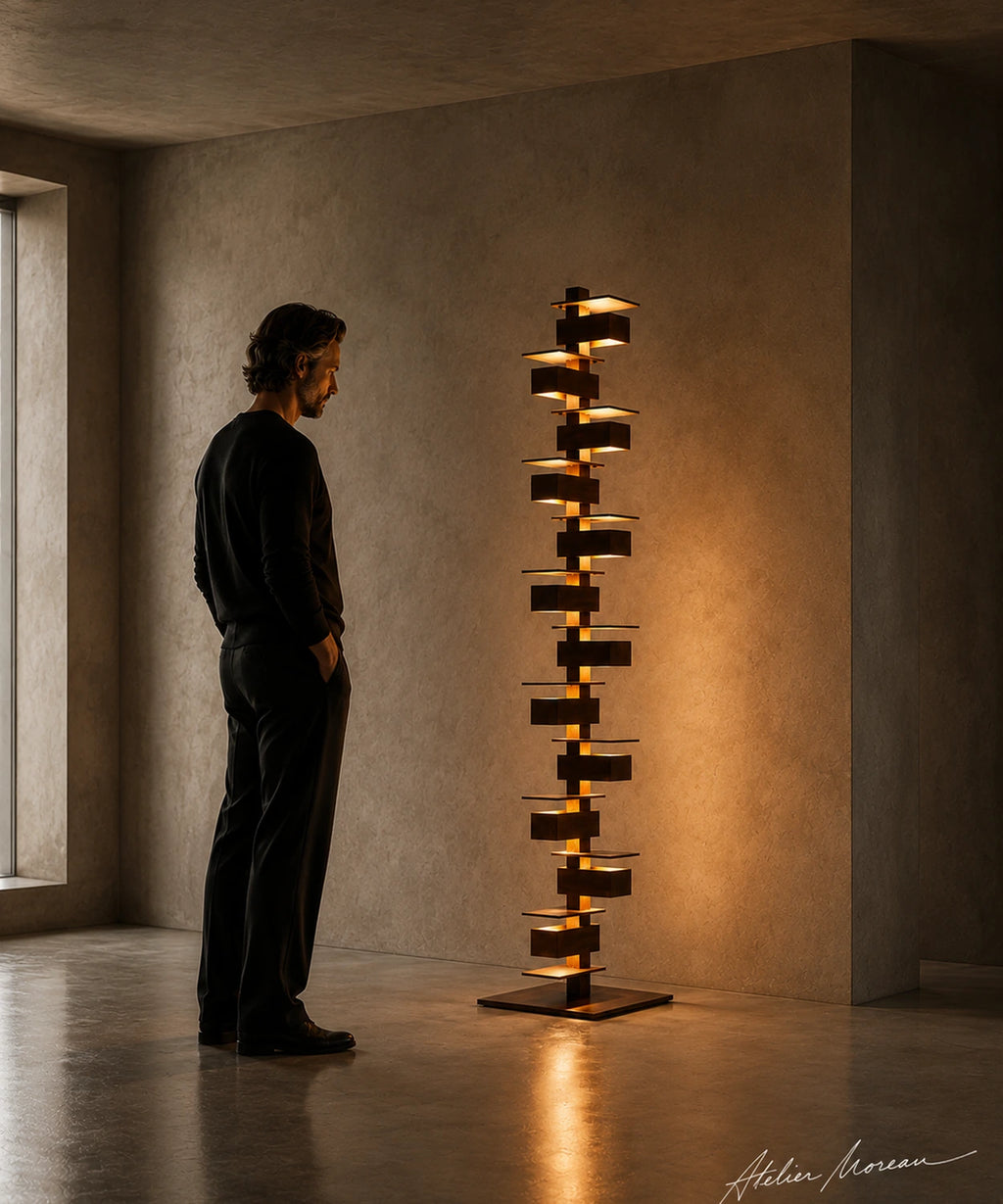 Grand lampadaire design noir mat de 182 cm à côté d’un homme debout dans un intérieur contemporain