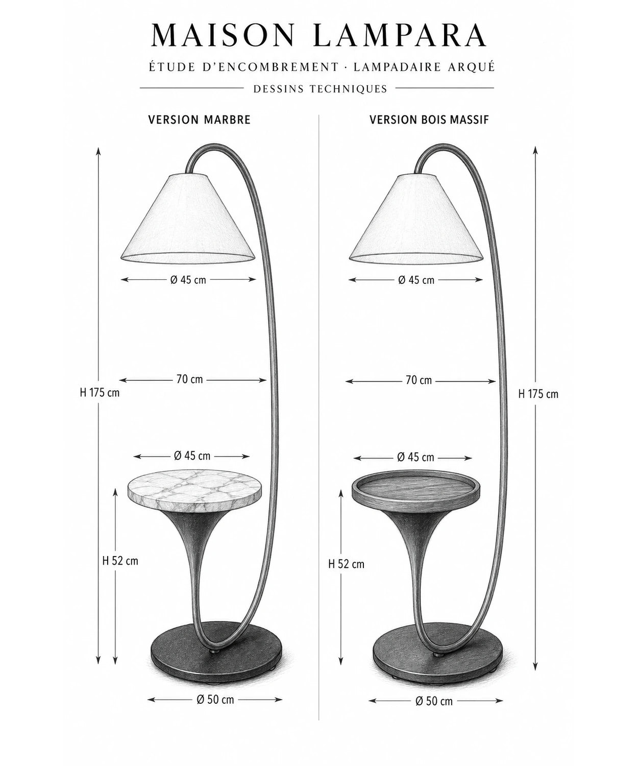 Schéma coté du lampadaire arqué à tablette avec ses dimensions