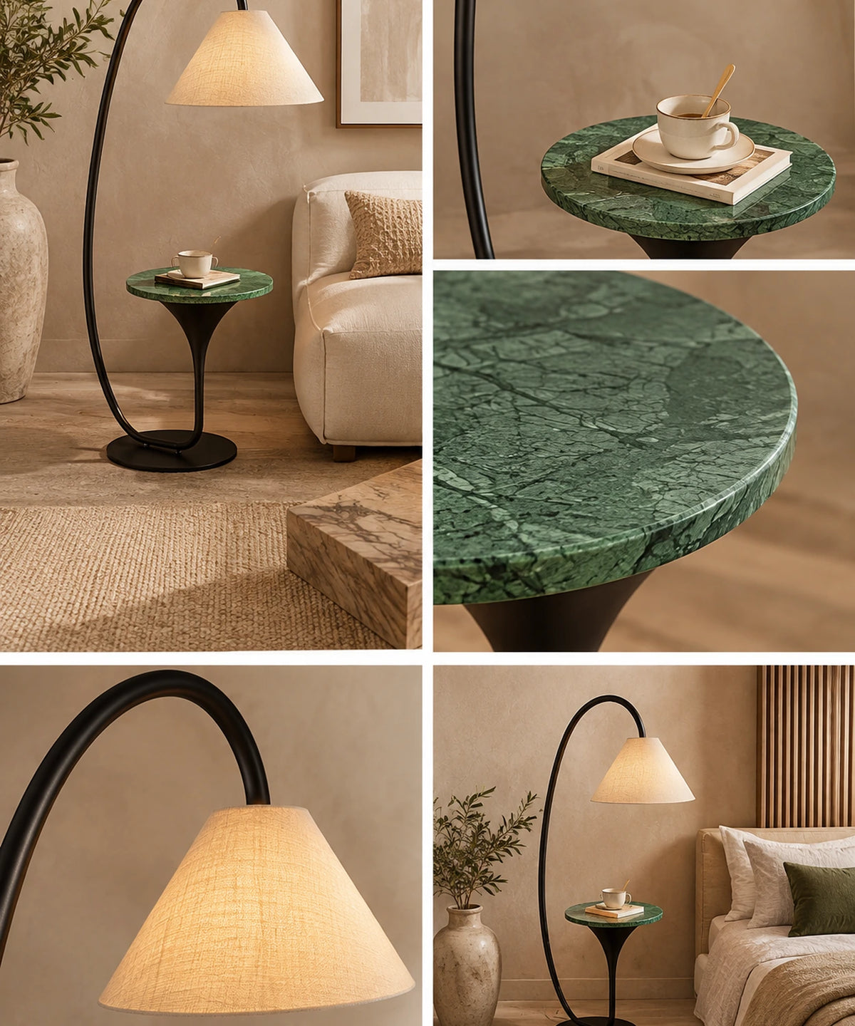 Quatre vues du lampadaire arc avec tablette en marbre vert dans un salon
