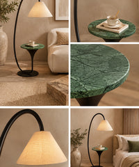 Quatre vues du lampadaire arc avec tablette en marbre vert dans un salon