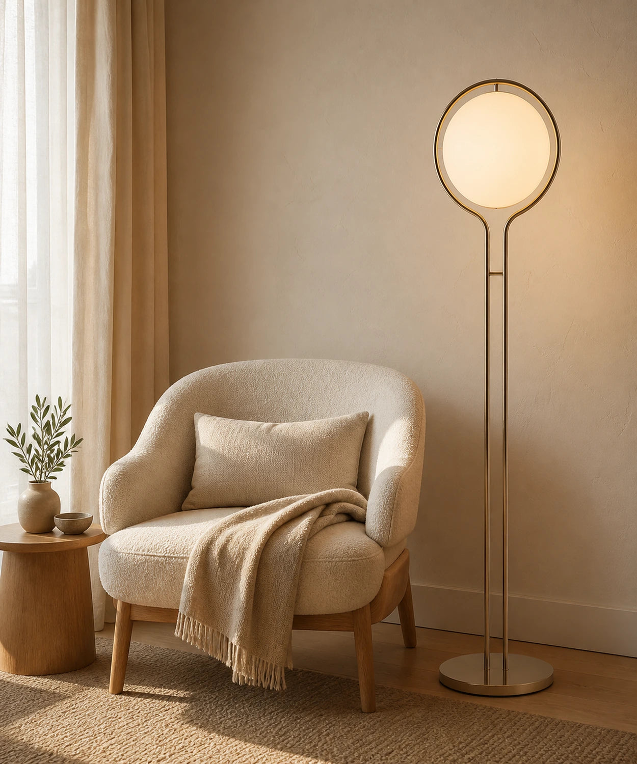 Lampadaire à boule opaline sur pied chromé dans un coin lecture Image
