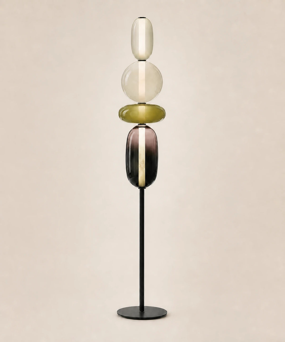 Lampadaire à quatre boules de verre teinté, accord B, dominante vert