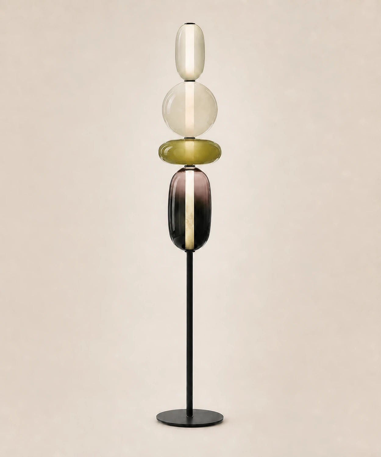 Lampadaire à quatre boules de verre teinté, accord B, dominante vert